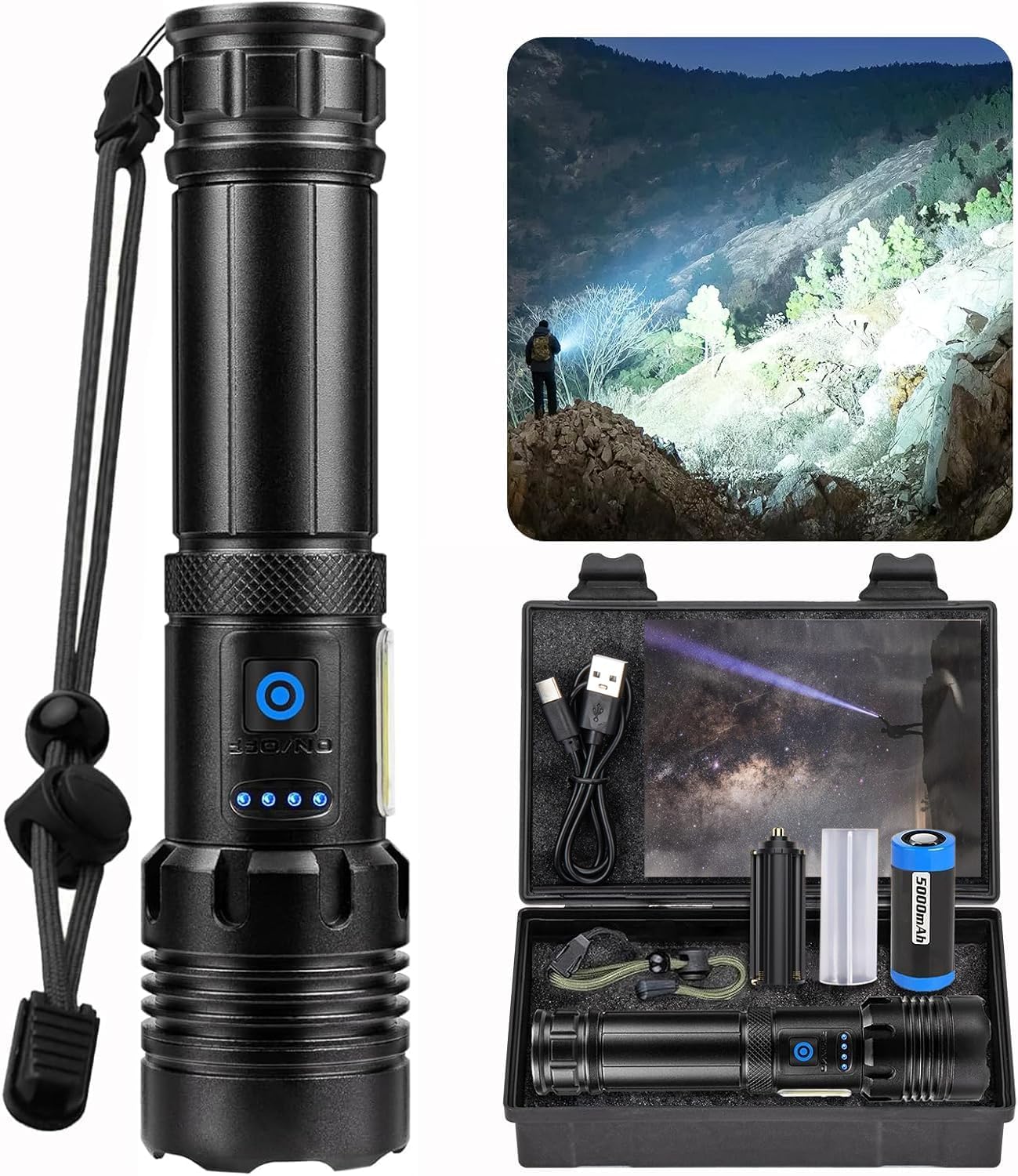 ZEUSFIRE Lampe Torche LED Ultra Puissante, 1000000 Lumens Lampe Lorche LED Rechargeable, Longue Durée, 7 Modes & IPX6 Étanche Lampe Torche Tactique Idéal Pour Camping, Marche, Pêche, L’urgence