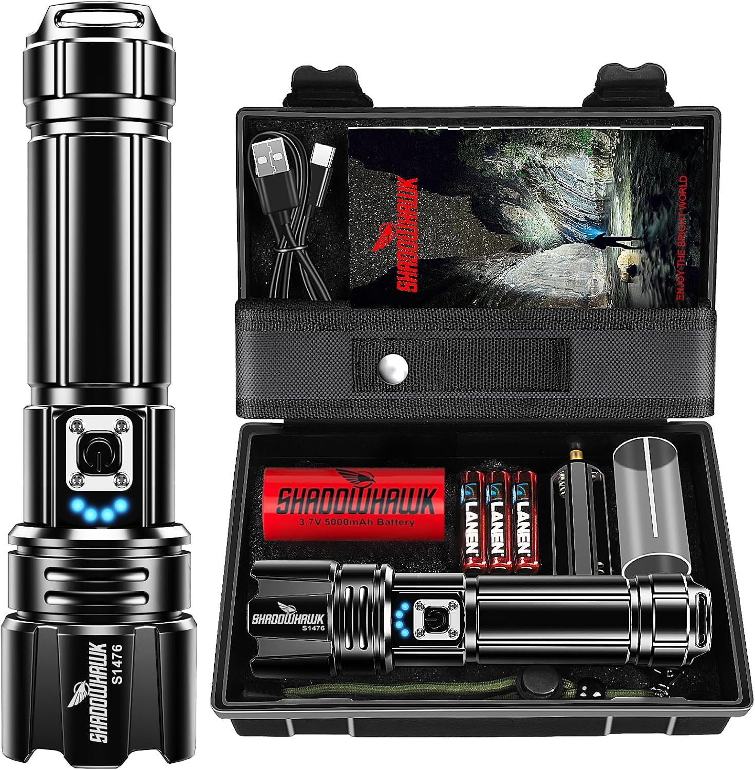 Shadowhawk Lampe torche rechargeable, 500 000 lumens, LED super lumineuse, 5000 mAh longue durée, mise au point réglable, étanche IP67, 5 modes, puissante lampe de poche pour coupures de courant