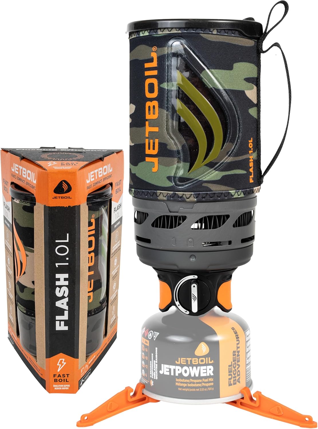 Jetboil Flash Réchaud portable 1 L à ébullition rapide pour camping randonnée avec allumage automatique en 1 étape, brûleur propane/isobutane avec tasse de cuisson, camouflage foncé