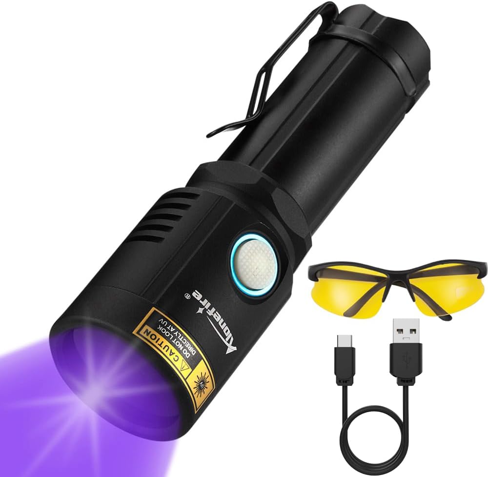 Alonefire X901UV 10W 365nm Lampe Torche UV LED Puissante Rechargeable USB C Ultraviolet Lumière Noire Détecteur D'urine pour Résine, Peinture, Fluoresceine avec Lunettes de Protection UV, Pile Incluse
