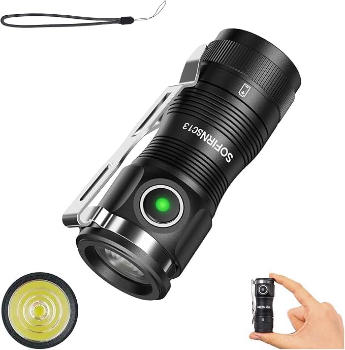 CSTEBOKE Sofirn SC13 Lampe Torche LED Rechargeable, 1300 Lumens, Mini Lampe Torche Puissante avec 5 Modes, USB-C, Étanche IPX8, Clip et Aimant, Petite Lampe Torche pour Maison, Promenade et Urgence