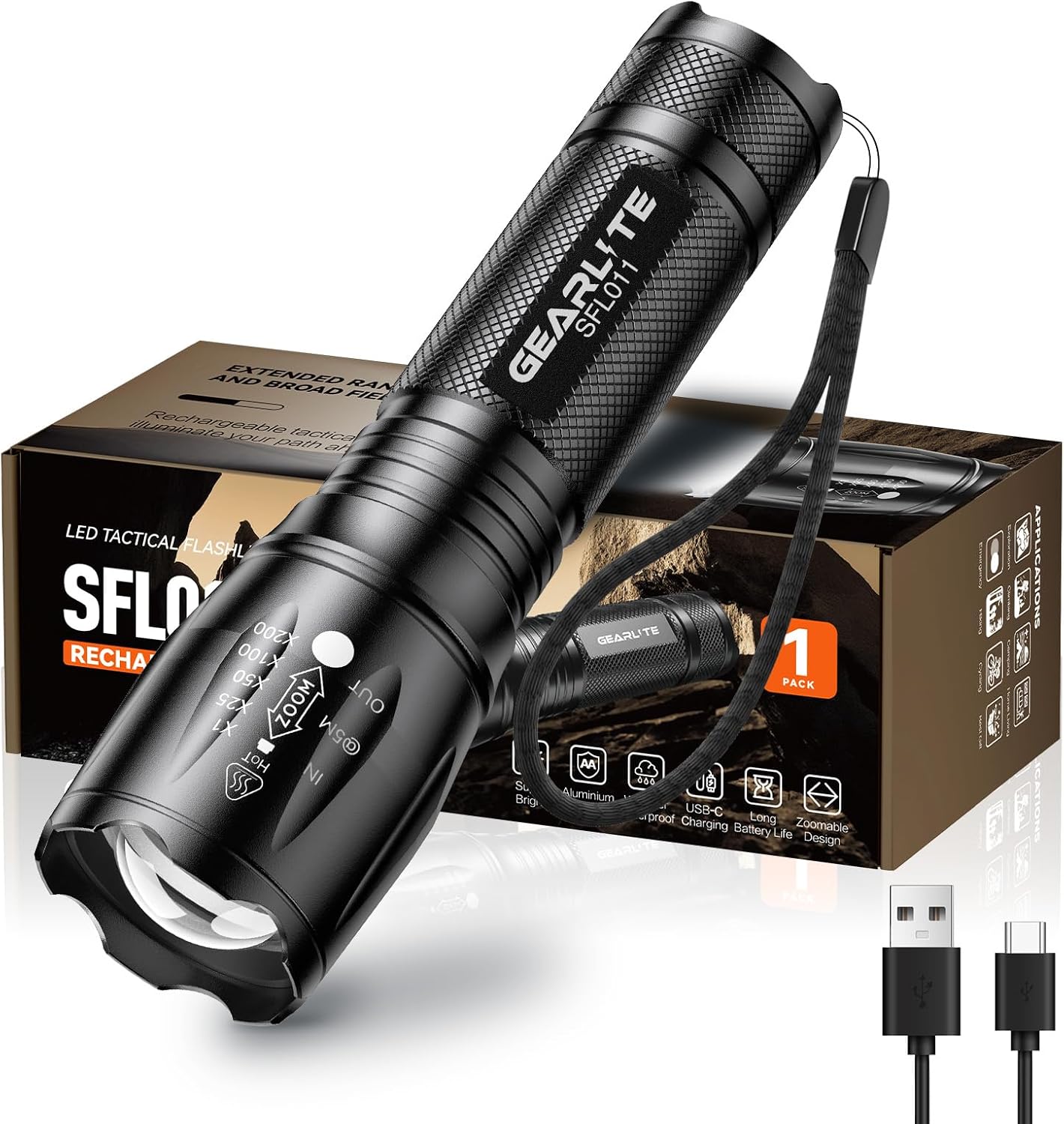 GEARLITE Lampe torche rechargeable, 2 000 lm zoomable avec 3 modes, longue durée, étanche IP65, lampe torche LED super lumineuse pour camping, randonnée, urgences, cadeau pour homme, papa, lui