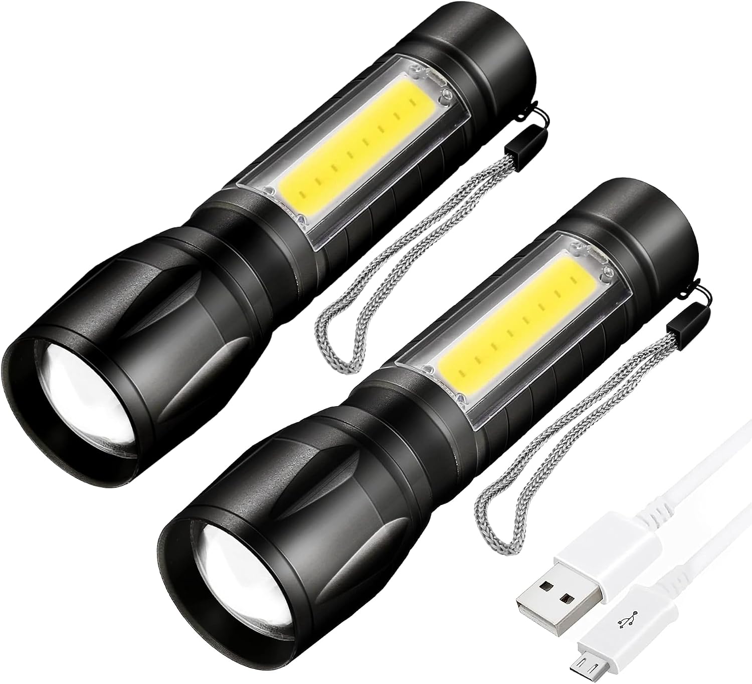 Lampe torche LED rechargeable, lampe torche super lumineuse à focalisation réglable, 3 modes d'éclairage, longue durée de vie de la batterie, lampe de poche étanche de taille de poche pour coupures de