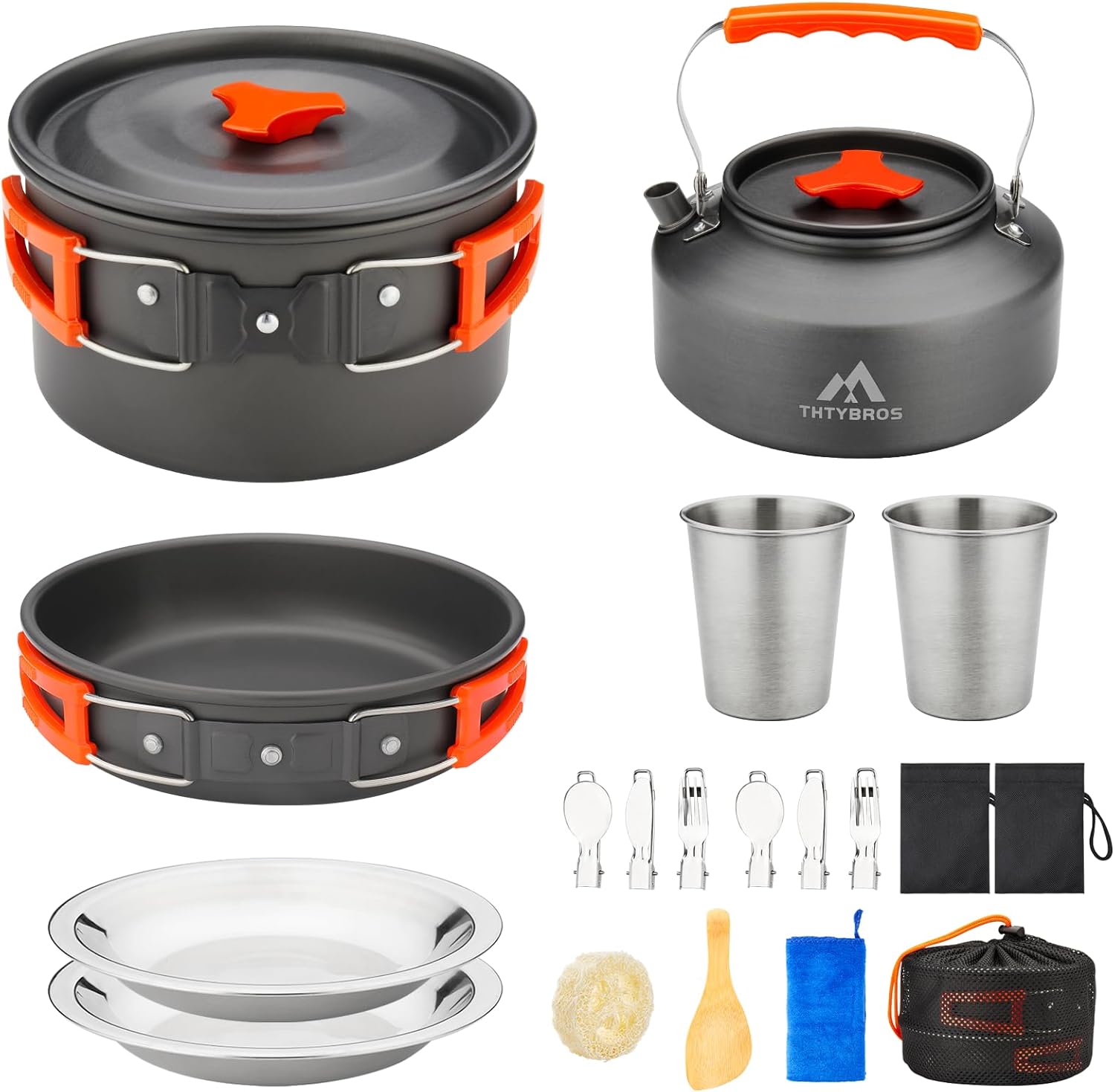 Ensemble de Batterie de Cuisine Camping 17 Pièces, Casserole et Bouilloire en Aluminium Anodisé Dur avec 2 Tasses, 2 Assiettes et Couverts en Acier Inoxydable pour Randonnée, Trek et Pique-nique