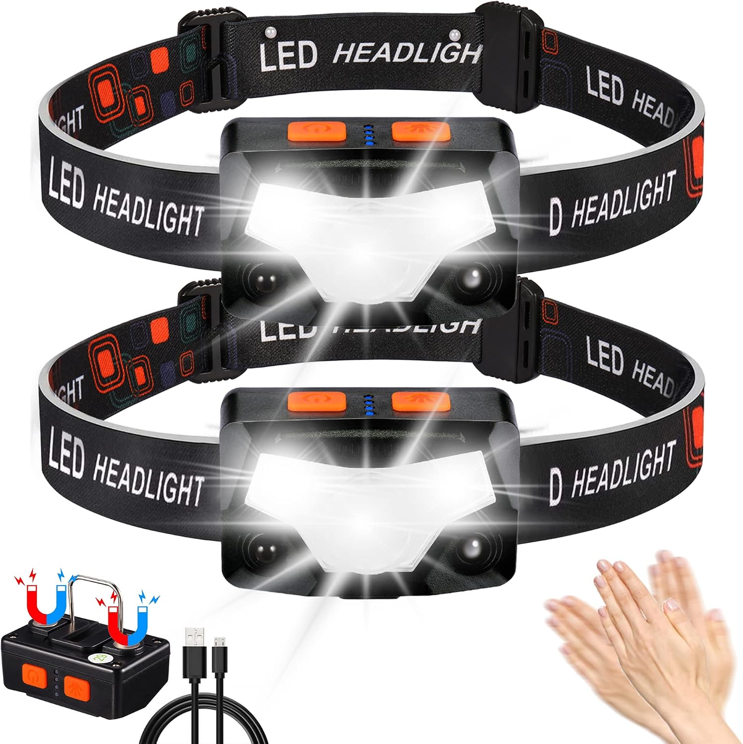 Hyted Lampe Frontale LED Ultra Puissante 2 Pack, 2000 Lumens USB Torche Frontale Rechargeable avec Capteur de Mouvement, Légère et Étanche 14 Modes pour Course, Camping, Pêche