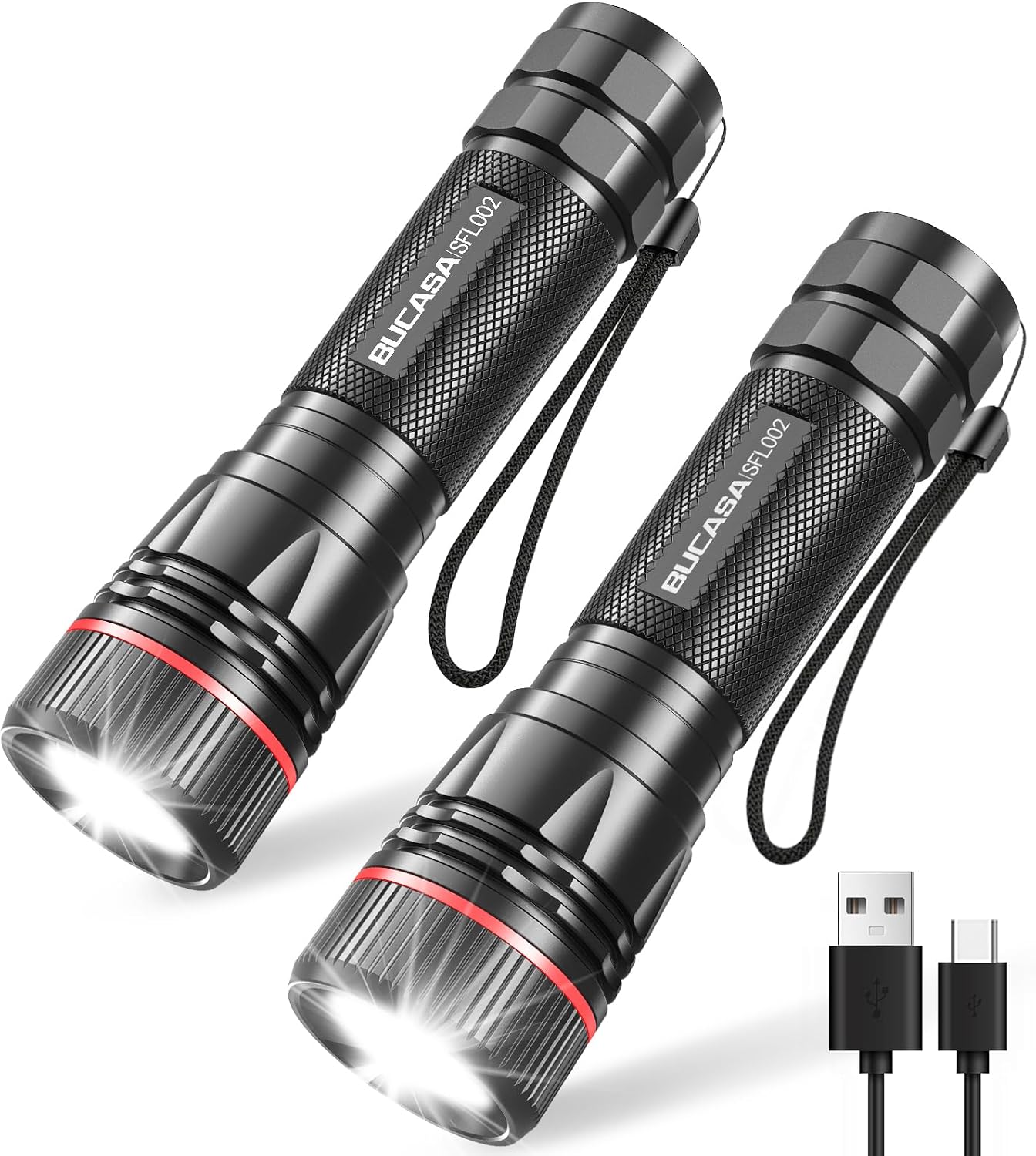BUCASA LED Lampe Torche Rechargeable, 2000 Lumens Lampe Torche LED Ultra Puissante avec 3 Modes, 2 Pièces Zoomable Lampes Torches Enfant, Étanche Flashlight pour Camping, Randonnée, Urgence,Cadeau