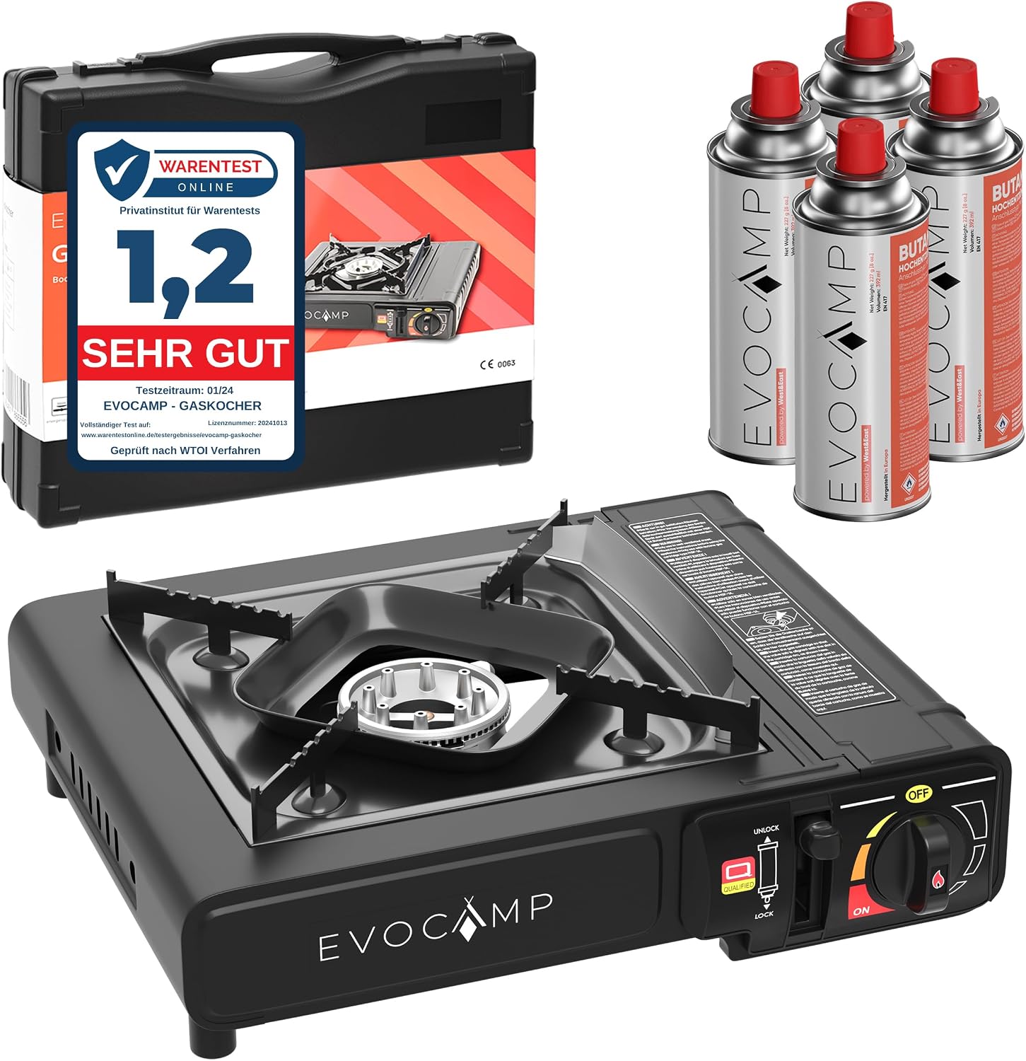 EVOCAMP MSF-1a Réchaud à gaz 1 feu avec cartouches de gaz 227 g 4 pièces MSF-1a avec mallette de transport – Idéal pour les activités de plein air comme le camping ou la randonnée