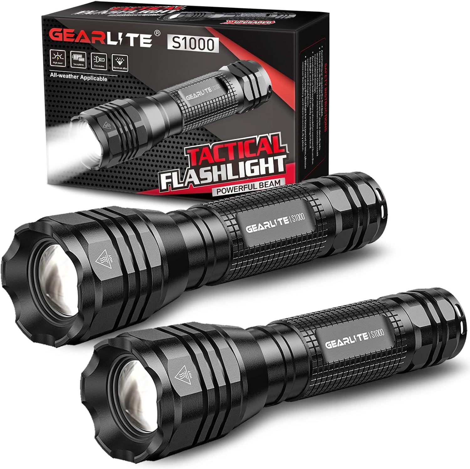 GEARLITE Lampe Torche LED Ultra Puissante 2 Pièces, 5000 Lumens 5 Modes Mini Lampe De Poche LED Ultra Puissante, IP65 Étanche Zoomable Lampe Tactique Aluminium pour Enfant Camping Urgences