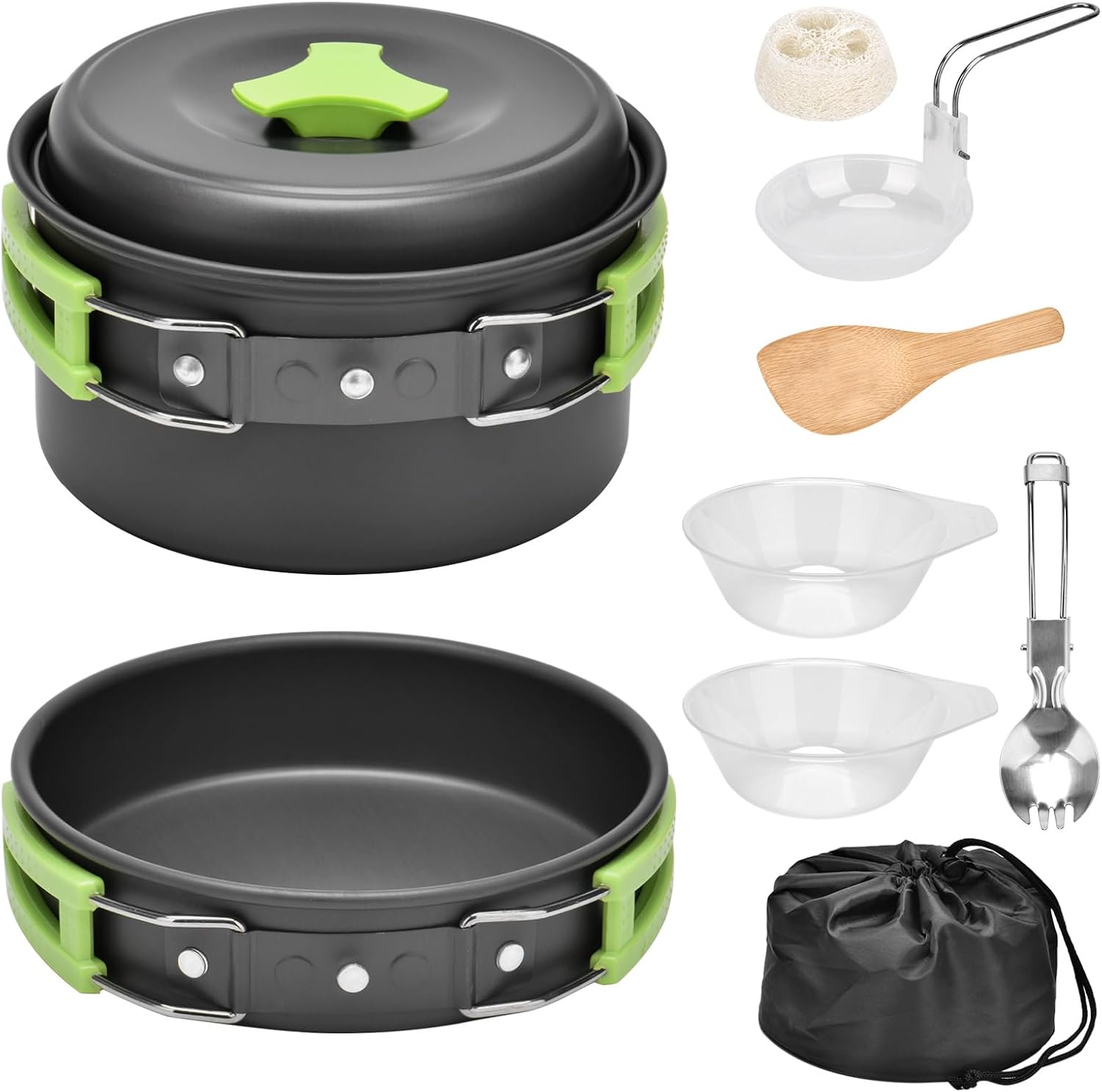 Queta 10 Pcs Cookware Casseroles Camping Poêlé en Aluminium Kit de Cuisine avec Assiette Bol Ustensiles de Cuisine pour en Camping Pique-Nique Randonnée BBQ Certifié FDA 1-2 Personnes
