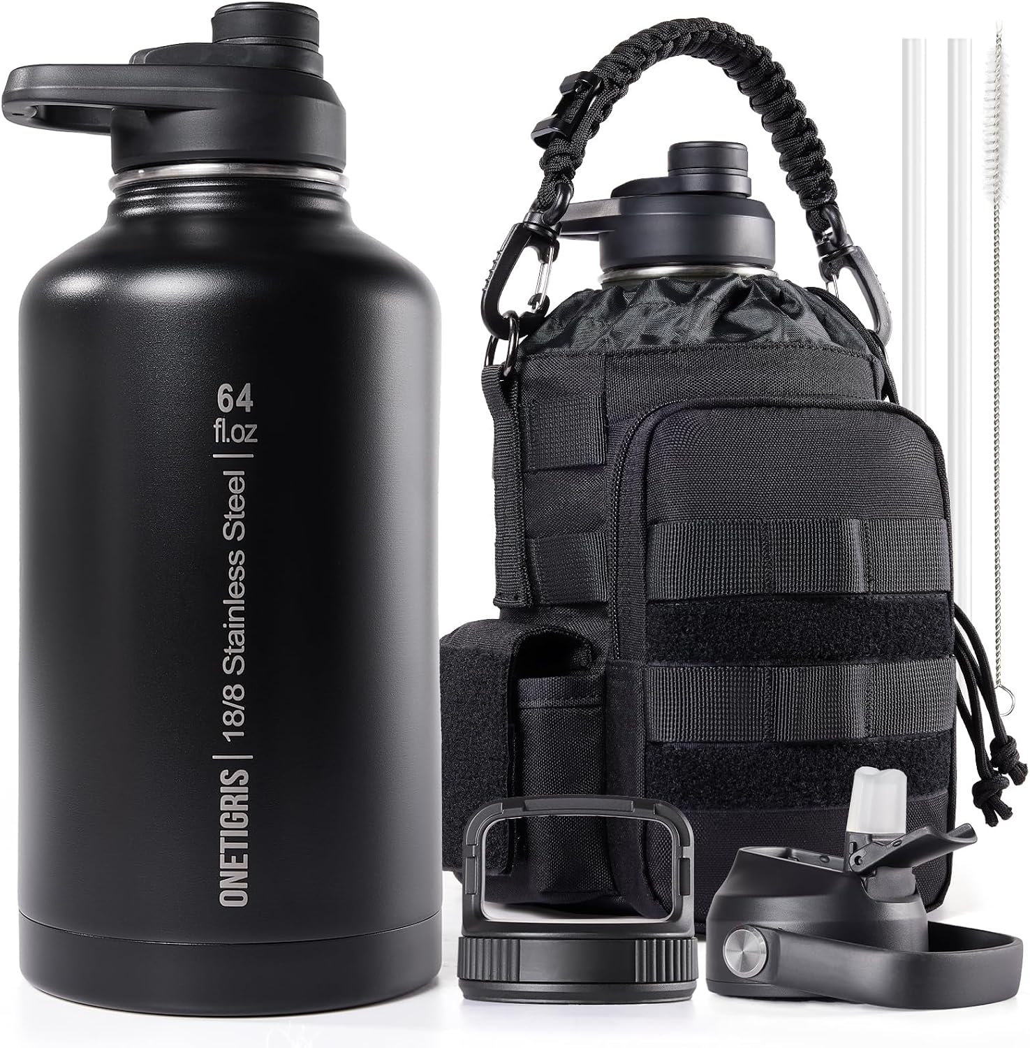 OneTigris Gourde en acier inoxydable, bouteille d'eau 2L haute capacité, bouteille de sport avec un bon effet isolant pour vélo, camping, yoga, salle de sport, airsoft, Camouflage Brun Coyote, 64OZ