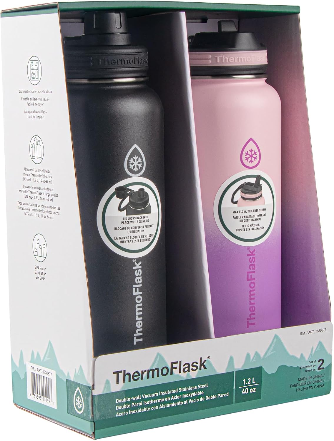 ThermoFlask Lot de 2 bouteilles d'eau isothermes en acier inoxydable de 1200 ml avec paille et couvercles à bec verseur, noir/rose violet