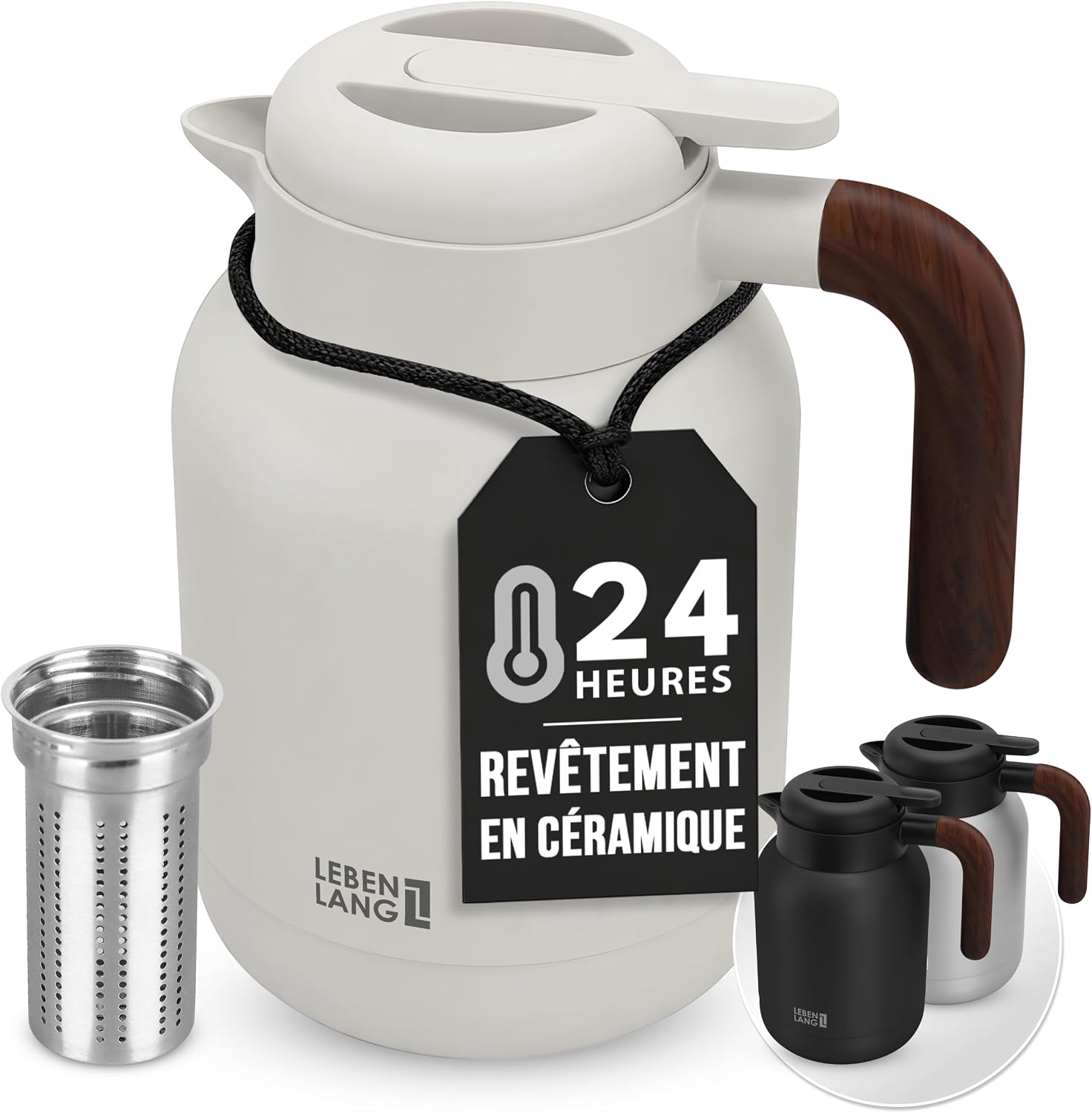 LEBENLANG Thermos café 1,5L - Revêtement céramique & sans BPA I Blanc