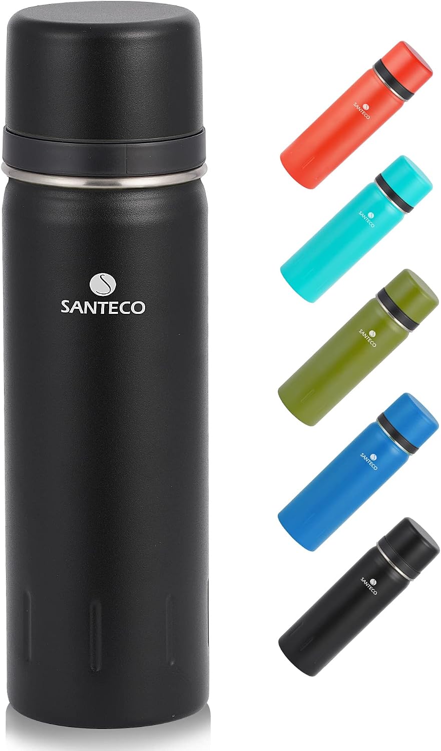 SANTECO Bouteille Isotherme en Acier Inoxydable 500ml & 1L - Gourde Thermos avec Tasse, Double Paroi, Sans BPA - Idéale pour Café, Thé, Eau - Parfaite pour Travail, Voyage, Bureau