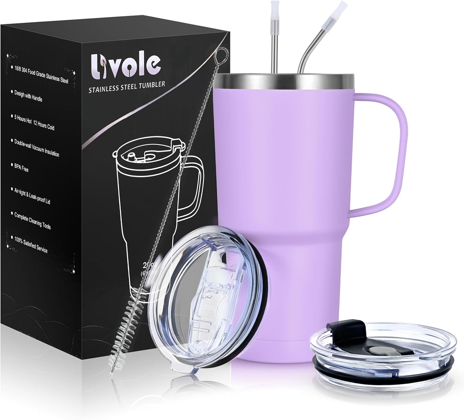 Livole Tasse de voyage de 600 ml avec poignée, gobelet isotherme avec paille et 2 couvercles, bouteille d'eau sous vide à double paroi en acier inoxydable pour boissons froides, blanc cassé
