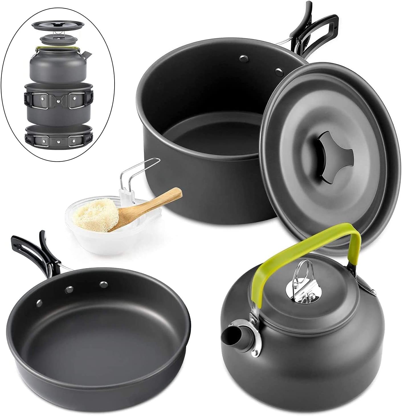 Queta Batterie de Cuisine 10 pièces pour Pique-Nique, Camping, Randonnée, Barbecue, Casseroles de Camping Pliables, Certifiées FDA
