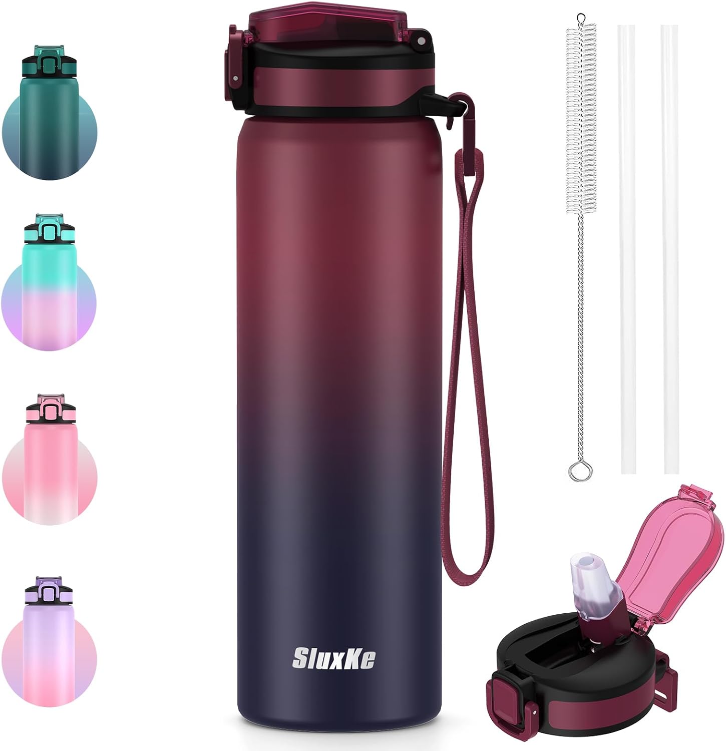 SLUXKE Gourde isotherme en acier inoxydable avec couvercle à paille, 700 ml, sans BPA, anti-fuite, double paroi isolée, pour le sport, l'école, le fitness