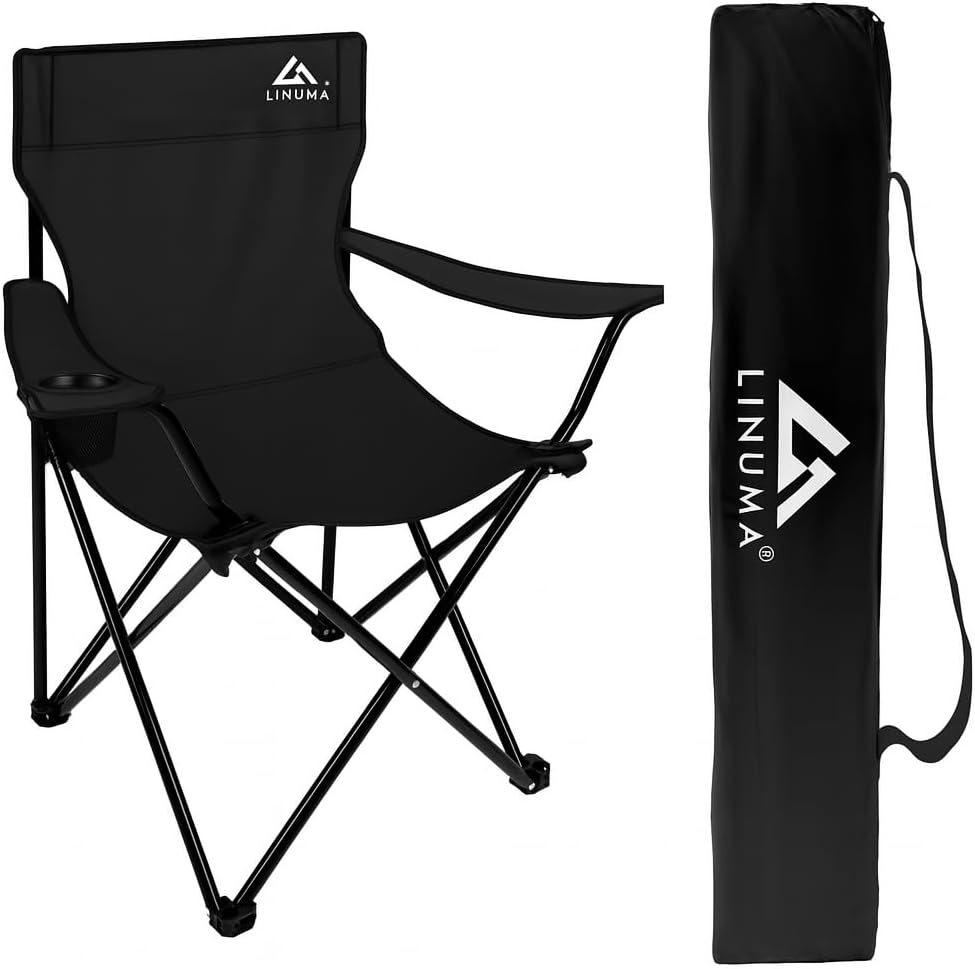 Chaise de Camping Noir – Pliante avec Porte-gobelet – idéale pour Festivals, pêche & Camping