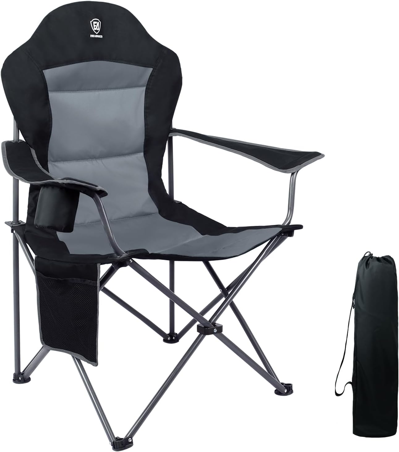 EVER ADVANCED Chaise de Camping Pliante 160KG Capacité de Charge avec Dossier Haut, avec Pochette Latérale et Porte-gobelet, Confortable Chaise Pliante pour Camping, Jardin, Balcon, Pêche, Plage