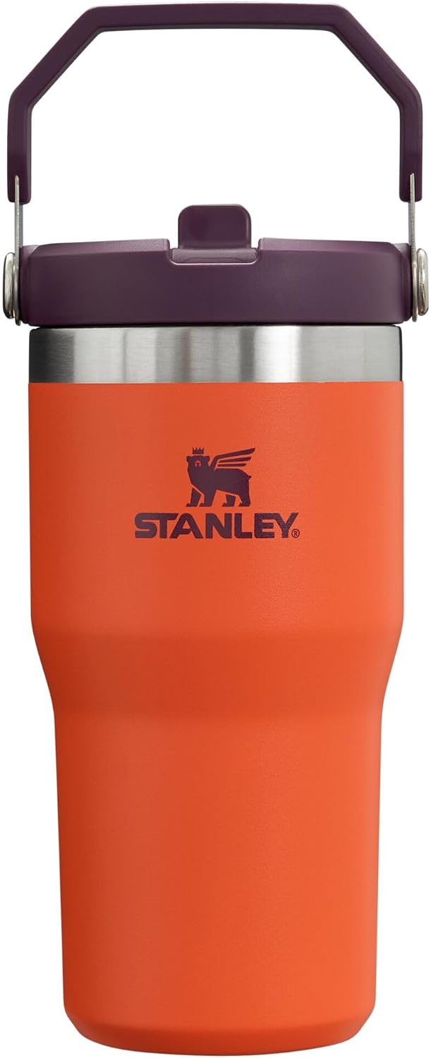 STANLEY IceFlow Gobelet avec paille à rabat avec poignée – Couvercle à visser et paille rabattable – Bouteille d'eau résistante aux fuites – Acier inoxydable – Sans BPA – Prune tigrée