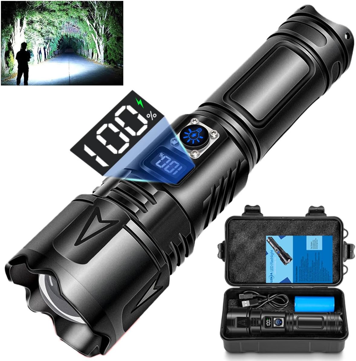 LEKIA Lampe Torche LED Ultra Puissante, 500000 Lumens USB-C Rechargeable Lampe de Poche avec Batterie 5000mAh, 5 Modes Zoombar IP65 Étanche Tactique Torches pour Camping D'urgence Randonnée