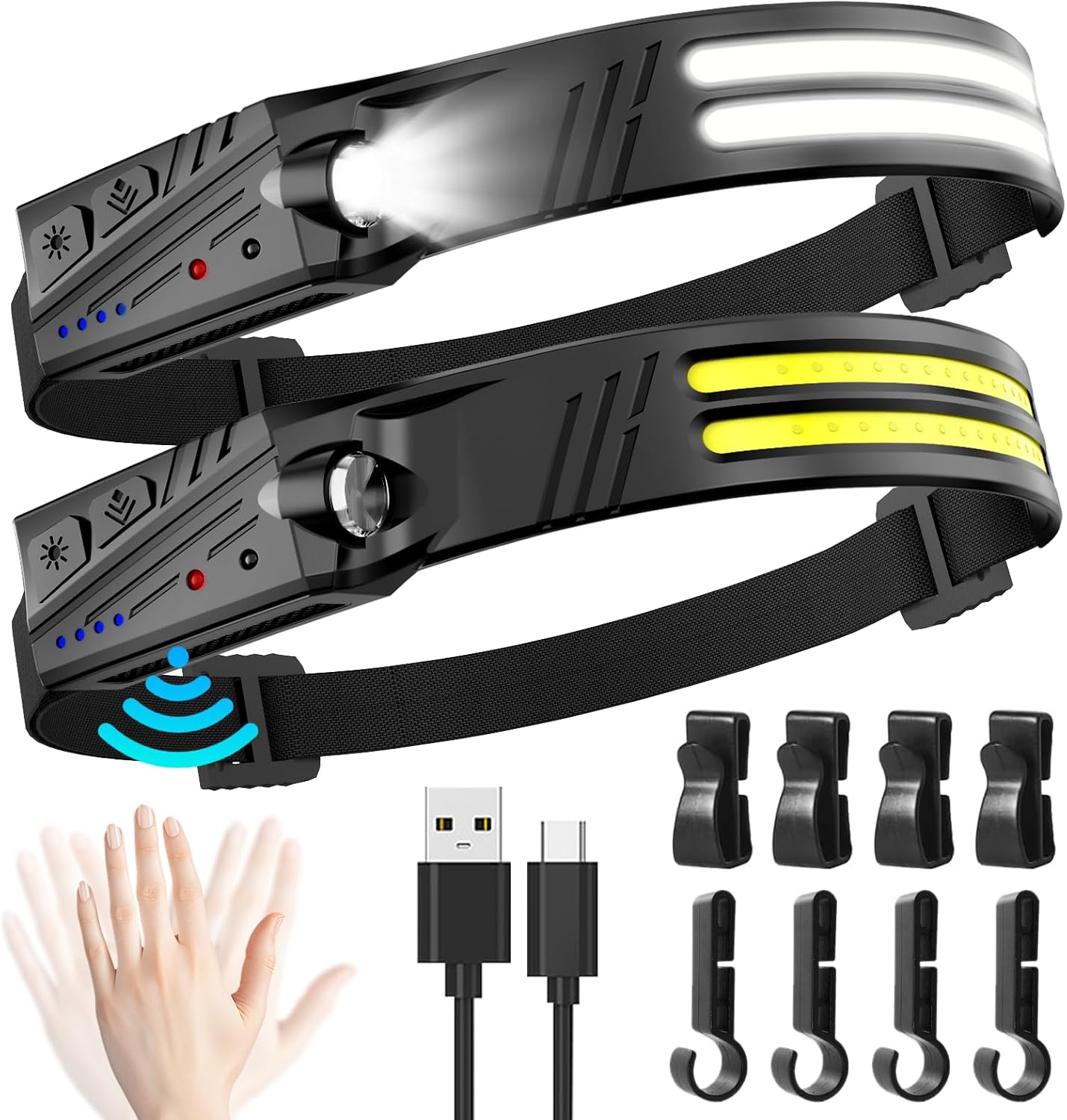 Lampe Frontale Led Ultra Puissante,2 Pièces 2000 Lumens Super Lumineux 2*LED 230° Lampe Torche,1500 mAh Capteur De Mouvement Frontale Rechargeable,Étanche IPX5 0.14lb,Pour Pêche,Camping,Cyclisme