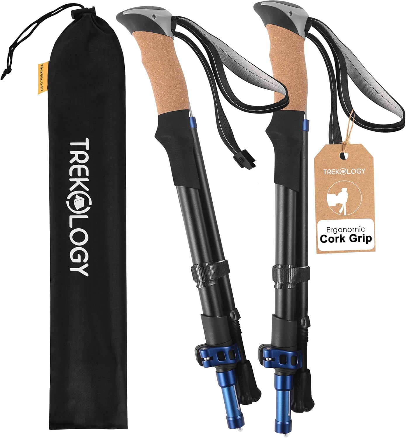 TREKOLOGY Bâtons de Randonnée Pliables – 2PCS Ultralégers avec Poignée en Liège – Bâtons de Marche Nordique, Trail, Trekking, Camping – Modèle TREKZ Cork SE