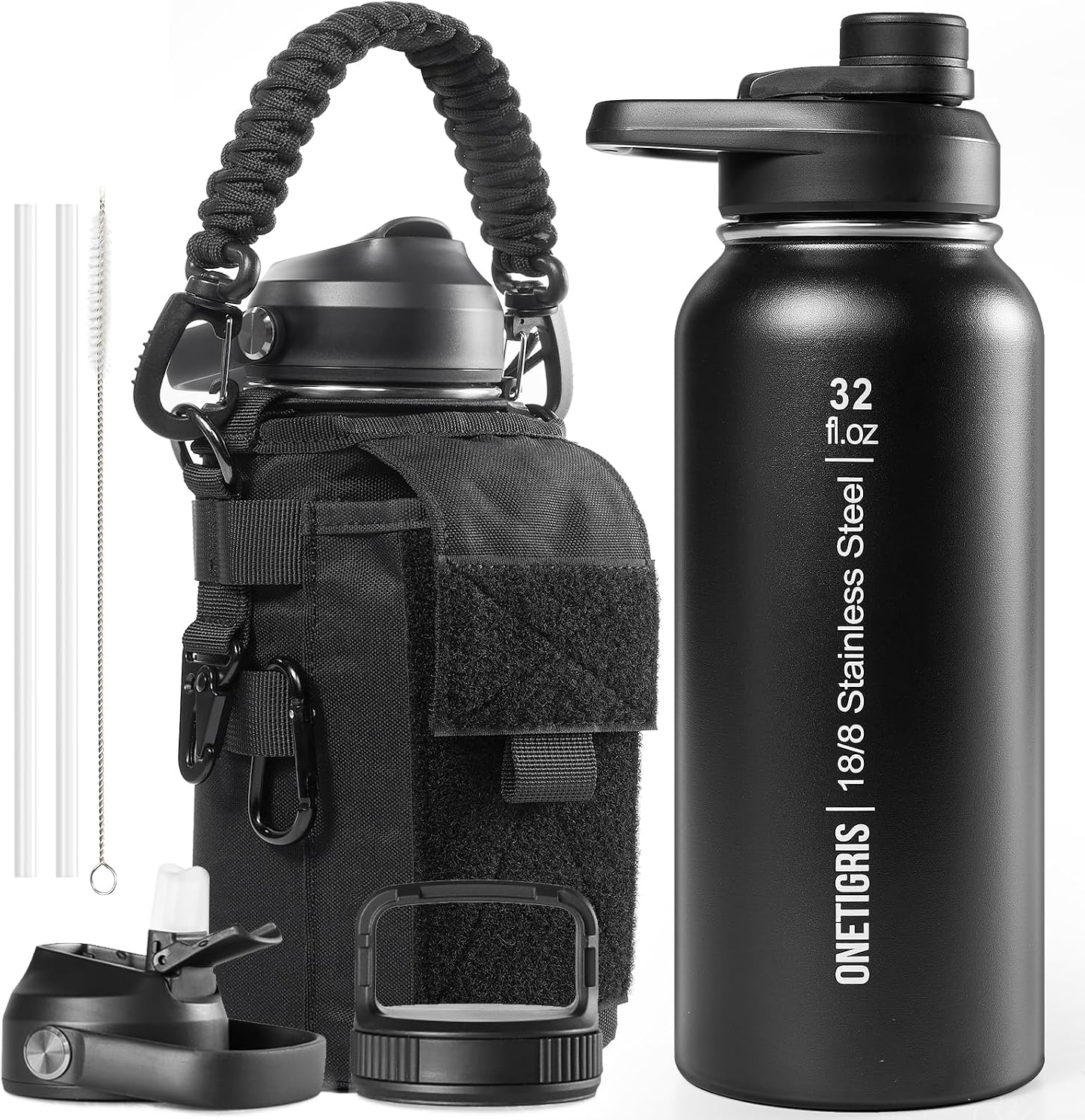 OneTigris Gourde en acier inoxydable, bouteille d'eau 1L haute capacité, bouteille de sport avec un bon effet isolant pour vélo, camping, yoga, salle de sport, airsoft, Noir, Brun Coyote, 32OZ
