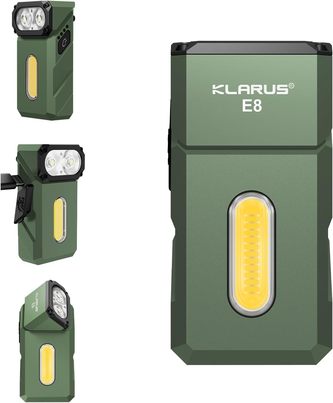 KLARUS E8 EDC Lampe de poche rechargeable,système triple lumière 1 000 lumens, tête pivotante à 180 °, design compact tout en métal avec aimant et clip de poche, lampe de travail étanche IPX6