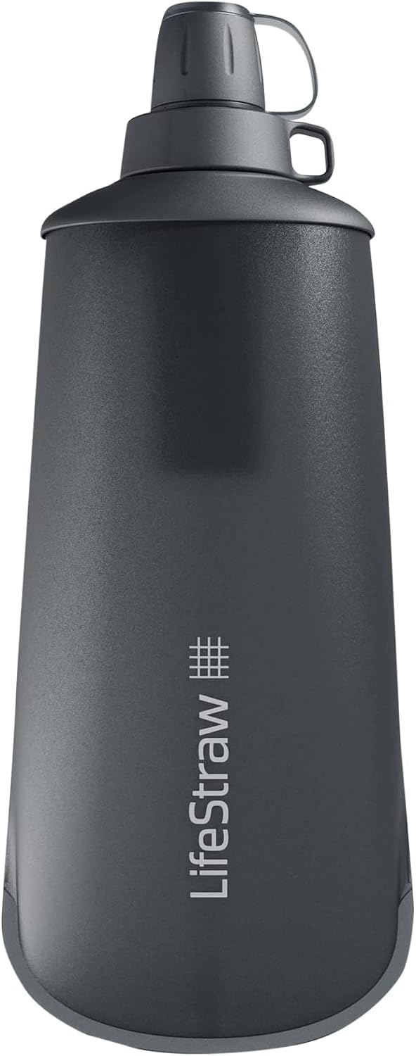 LifeStraw Peak Series - Gourde compressible avec système de filtration d'eau 1l – pour du trail running, de la randonnée, des voyages, du vélo, de la pêche ; Sans BPA; Dark Mountain Gray (gris)