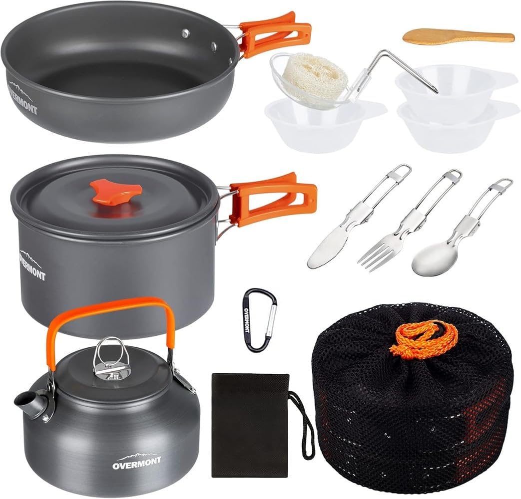 OVERMONT Kit de Cuisine de Camping 14 Pièces en Aluminium Anodisé