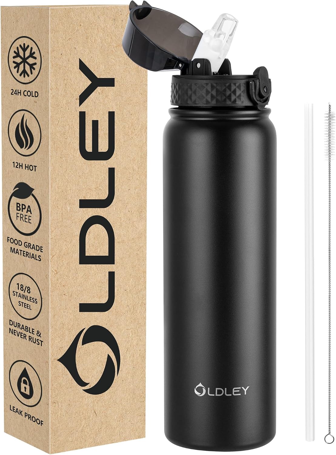 OLDLEY Bouteille d'eau en Acier Inoxydable avec Paille 1L Isotherme Sous Vide Grande gourde en Métal Étanche Garder les Boissons au Chaud et au Froid pour Vélo Camping Sports Gym Adulte Femme Homme