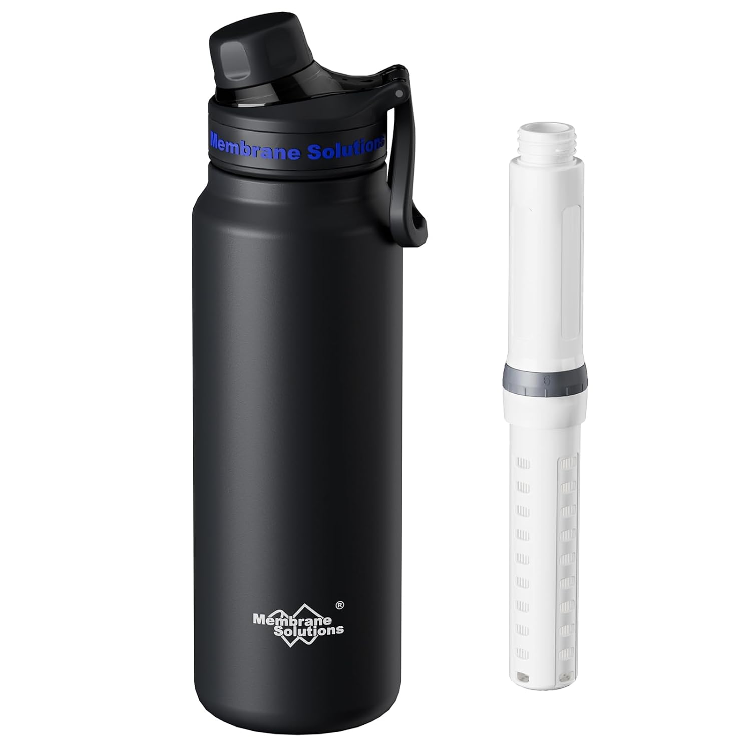 Membrane Solutions Gourde filtrante eau survie, 900 ml(32oz) Bouteille avec cartouche filtrante ACF et UF, capacité de 4000 L, Précision de 0,1 μm, élimine 99,9999% des E.Coli, Camping, Voyage, Noir